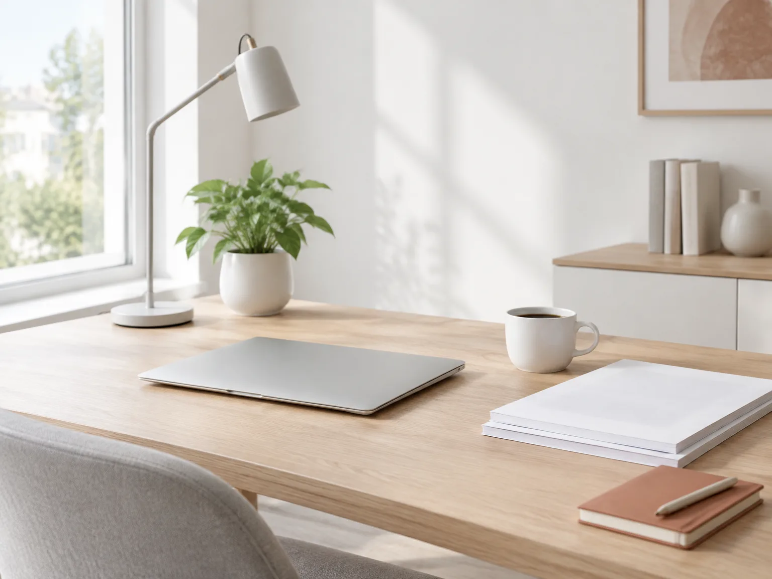 Warme werkplek met boeken, pennen en notebook